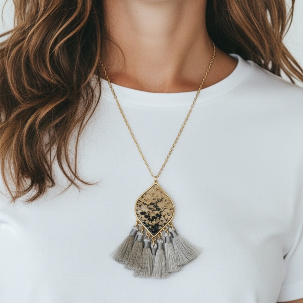 Gold Teardrop Pendant Necklace with Gray Tassels